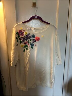 Talbots Cream Short-Sleeve Crewneck Sweater with Colorful Floral Embroidery
